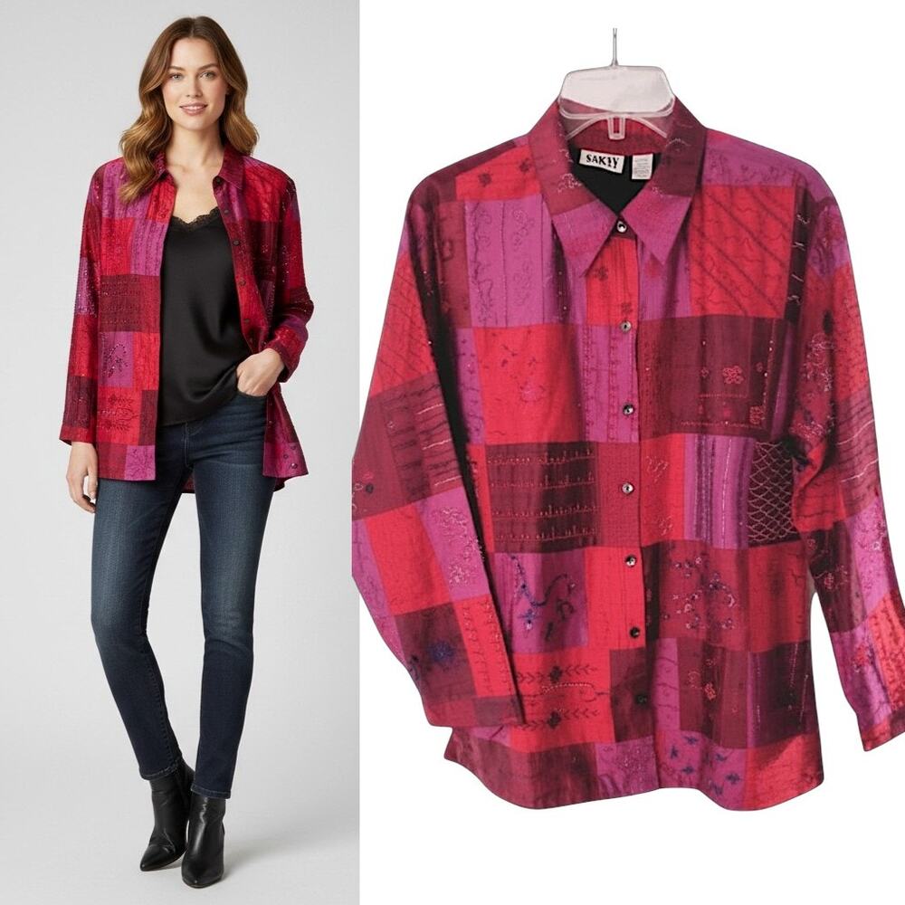 Chicos Design 100% Silk Beaded Patchwork Shirt Jacket Boho Art to Wear Shacket - Picture 1 of 16
